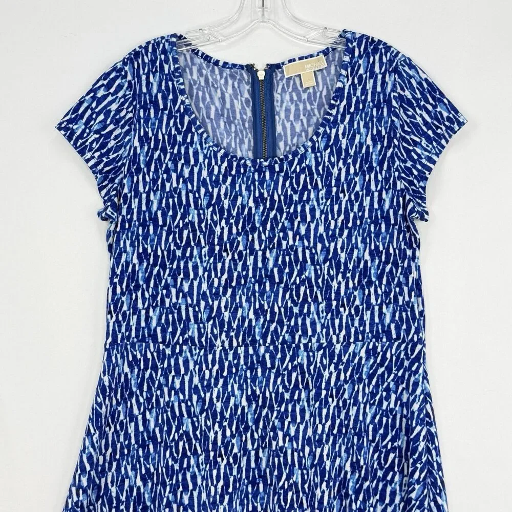 MICHAEL Michael Kors Womens Shift Dress Large Blue White Abstract Short Sleeve